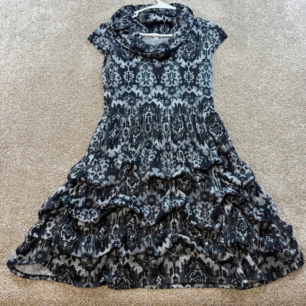 Speckless Womens M‎ Black Dress Grey Damask Ikat Cowl Neck Tiered Party Ruffled